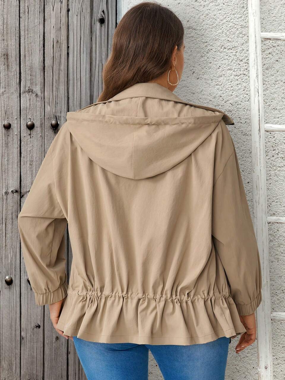 Plus Size Women's Drawstring Hooded Zip-Up Colorblock Casual Smart Casual Sport Daily Club Teacher Trench Coat Autumn Black