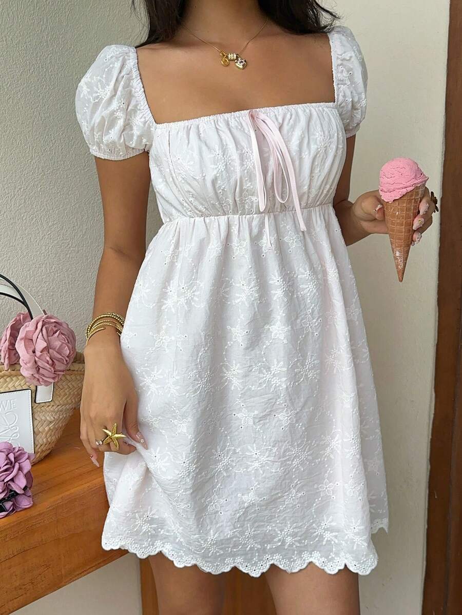 SHEIN SunnyBelle 春夏女款方領提花棉質收腰A字娃娃短洋裝 - 粉色 - 查看 1