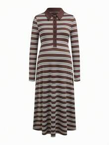 Modmama Maternity Brown Button Half-Placket Long Sleeve Casual Baggy Dress Autumn Photoshoot Formal - Multicolor - View 8