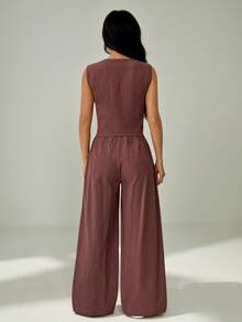 SHEIN PETITE Conjunto casual de 2 piezas de chaleco de un solo pecho y pantalones de unicolor Omen, verano - Marrón - Ver 3