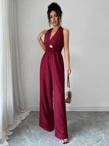 SHEIN Elenzya Damen einfarbiger Jumpsuit mit gerafftem Neckholder und geraffter Taille - Rot - Übersicht 5