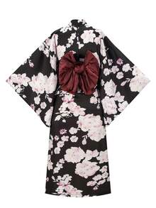 Irokai Kimono Tradisional Jepang Motif Bunga Wisteria Bulan Biru Ungu, Set Yukata Dua Potong Modifikasi untuk Wanita - MultiWarna - View 2