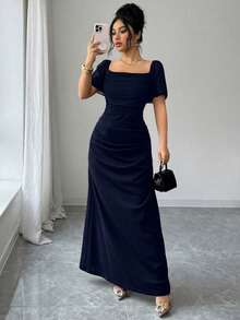 SHEIN Elenzya Short Sleeve Square Neck Cinched Waist Elegant Romantic Exquisite Women's Dress - Navy Blue - View 5