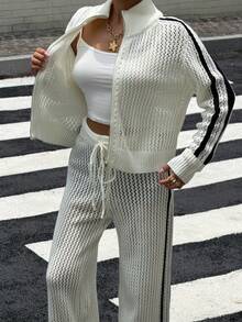 Muchica Conjunto de 2 piezas de cárdigan a rayas de bloques de color & pantalones de punto para mujer - Multicolor - Ver 7