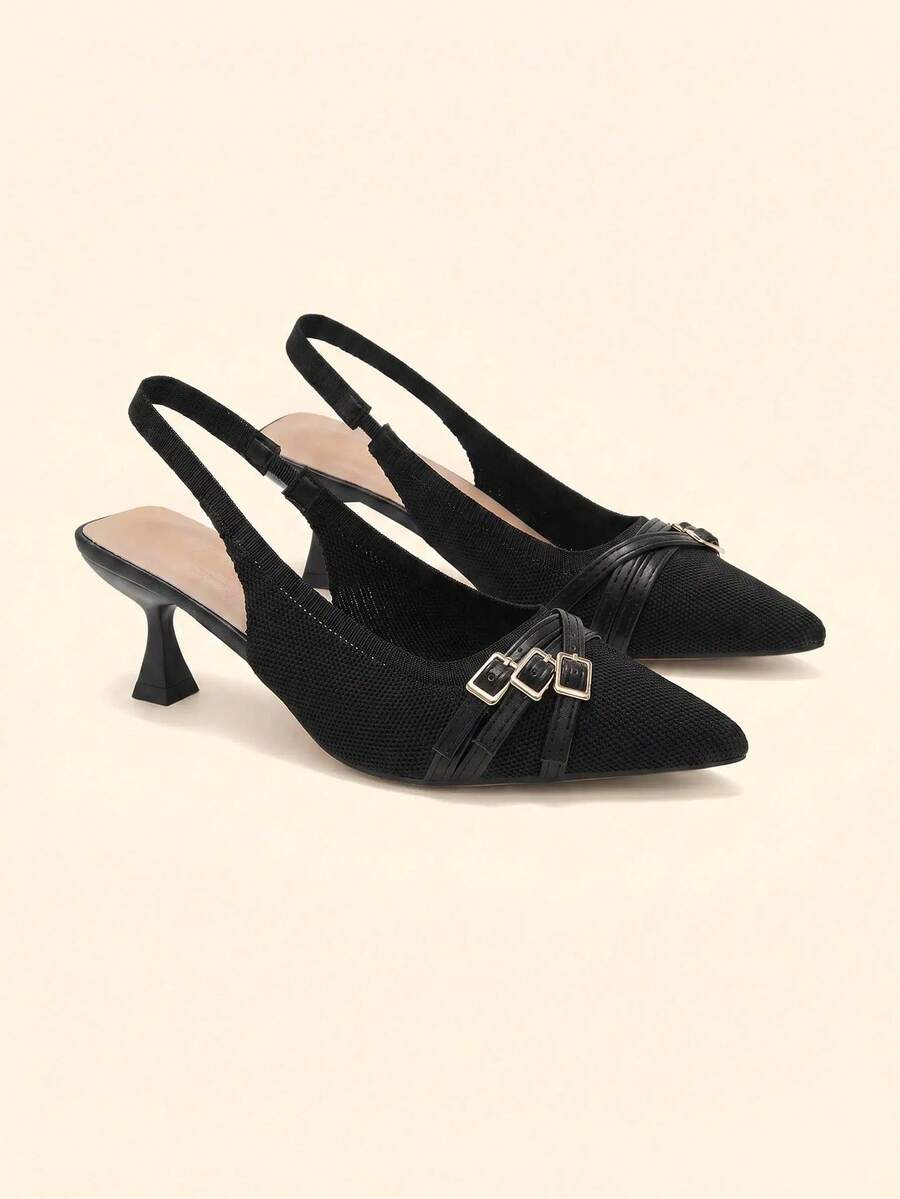CUCCOO BASICS 女款尖頭細高跟黑色針織後綁帶多條帶時尚通勤百搭高跟鞋 Slingback 露跟鞋 - 飛織黑色 - 查看 1