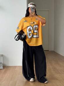 Coolane 男女款大尺碼夏秋沙灘外出休閒透氣網眼數字圖案印花棒球球衣風格黃色T恤 - 黃色 - 查看 3