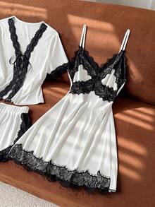 Moireta Women's Contrast Lace Front Tie Short Sleeve Top, Shorts & Cami Nightgown Set - White - View 5