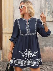 Brillora Women's Floral Print Button Design Lantern Sleeve Short Dress For Vacation, BOHO, Geometric Puff Babydoll Mini Navy Blue Floral Autumn - Navy Blue - View 3