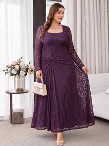 Reflora Plus Size Women's Dress Autumn Winter Spring Elegant Stretch Mesh Dark Purple Soft Comfortable Long Sleeve Summer Outfits Holiday Party Formal Wedding - Purple - View 2