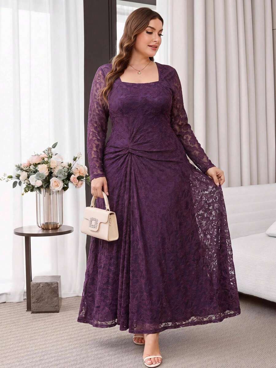 Reflora Plus Size Women's Dress Autumn Winter Spring Elegant Stretch Mesh Dark Purple Soft Comfortable Long Sleeve Summer Outfits Holiday Party Formal Wedding
