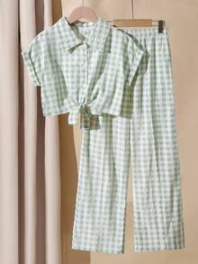 Mädchen Sommer Neues Kurzarmhemd, frisches weißes und grünes kariertes Kurzarmhemd mit Kragen und weite Hose Set, lässiges Mode Outfit - Grün - Übersicht 1