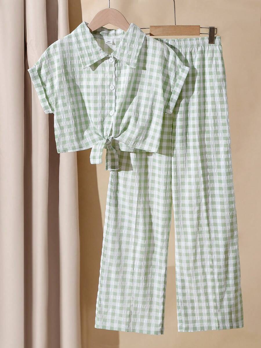 Mädchen Sommer Neues Kurzarmhemd, frisches weißes und grünes kariertes Kurzarmhemd mit Kragen und weite Hose Set, lässiges Mode Outfit - Grün - Übersicht 1