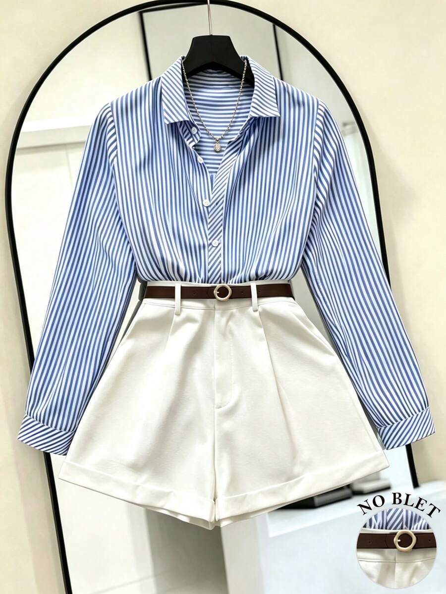 INAWLY Women's Striped Long Sleeve Single-Breasted Shirt And Shorts Casual 2 Pieces Set Fall Cloth For Women - Multicolor - View 1