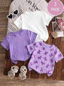 Set de 3 camisetas de niña con estampado de dibujo animado de capibara, de cuello redondo y manga corta para el verano - Púrpura malva - Ver 2