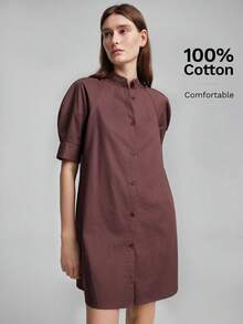 Ontre 2026 New All-Season Minimalist Fashion Elegant Casual Luxury Commute Vacation Party Wedding Outfit Knit Short Sleeve Round Neck Loose Button Brown Solid Color Women's Short Dress Versatile Slimming Heightening Elegant Daily Wear Commute Wear Work Wear Date Wear Fashion Wear Street Wear - Brown - View 5