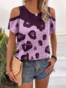 Yunfilé T-shirt d'été décontracté pour femme à manches courtes, imprimé léopard et blocs de couleurs, avec découpes aux épaules, top graphique imprimé guépard - Multicolore - Voir 6