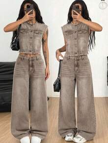SHEIN 2Pcs Teen Girls Loose And Comfortable Khaki Denim Unbuttoned Jacket And Simple Jeans For Dailywear Birthday Summer Streetwear - Khaki - View 1