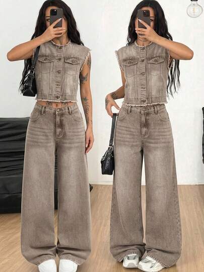SHEIN 2Pcs Teen Girls Loose And Comfortable Khaki Denim Unbuttoned Jacket And Simple Jeans For Dailywear Birthday Summer Streetwear