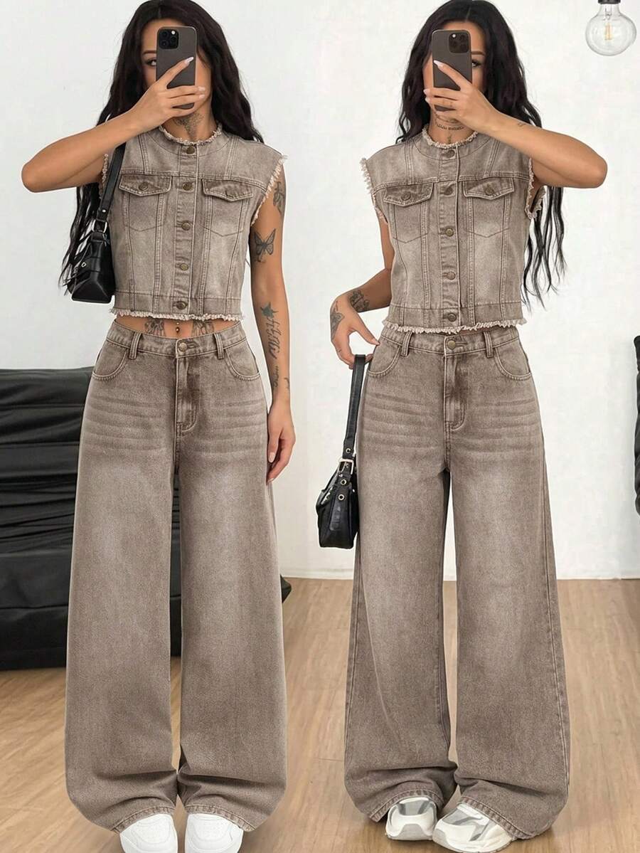 SHEIN 2Pcs Teen Girls Loose And Comfortable Khaki Denim Unbuttoned Jacket And Simple Jeans For Dailywear Birthday Summer Streetwear - Khaki - View 1