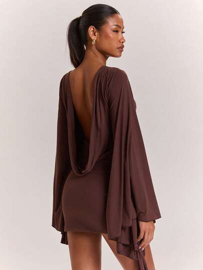SHEIN BAE Women's Casual Commute Knit Solid Color Long Sleeve Backless Autumn/Winter Hip Gathered Tie-Up Mini Bodycon Dress, Suitable For Casual Commute, Daily Wear, Commute Brown Dress, Casual Outing, Practical Dress, Romantic Date Knit Dress, Backless Dress