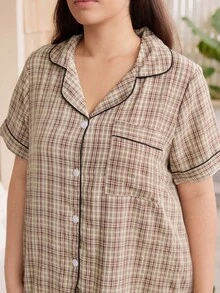 Doze Lane Plaid Lapel Short Sleeve Long Pants Plus Size Pajama Set - Brown - View 4