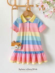 Cozy Pixies Baby Girl Casual Home Sweet Cute Rainbow Striped Button Front Lapel Sleeveless Patchwork Ruffle Hem A-Line Dress T-Shirt Dress Polo Dress - Multicolor - View 3