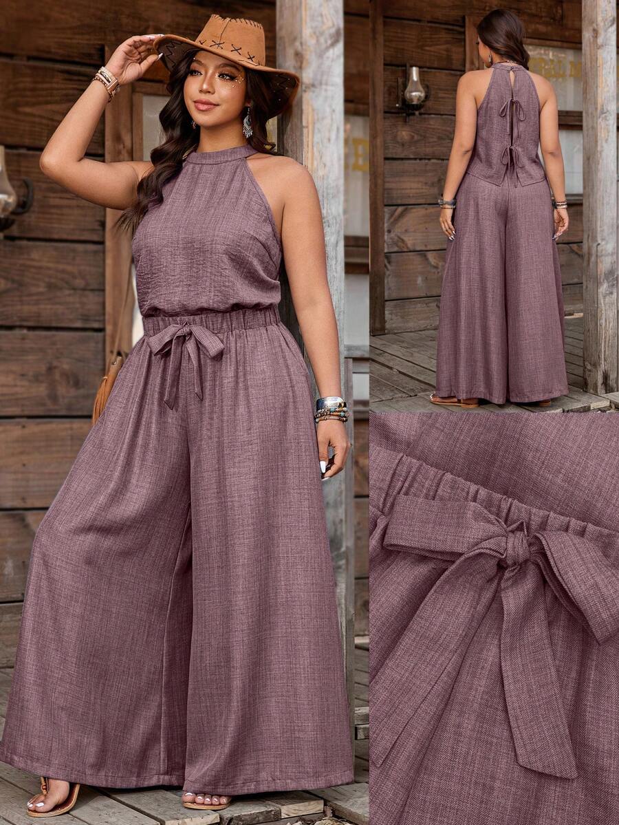 Nubod Plus Size Solid Color Halter Top And Wide Leg Pants 2 Pieces Set - Dusty Purple - View 1