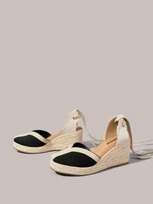 Styleloop Sandalias de cuña con correa y punta cerrada en contraste de color blanco y negro, estilo casual versátil y sencillo, un imprescindible para ir al trabajo - Negro - Ver 2