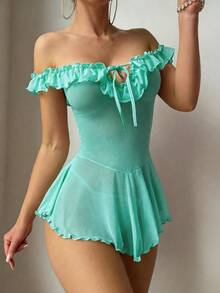 SHEIN Sexy Mesh Off Shoulder Ruffle Deep V Neck Tie-Up Dress 2-Piece Set - Green - View 5