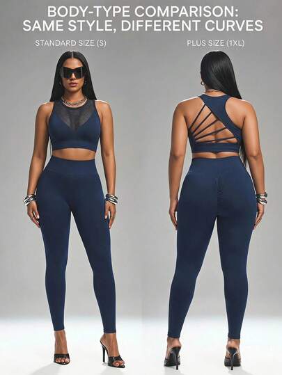 Innovista Plus Seamless Set Women Blue 2PCS Sports Bra + High-Waist Leggings, Inclusive Seamless Fit, Removable Pads, Strappy Open-Back Bra, Sexy Breathable Mesh Front, Squat-Proof Stretch, Tummy-Compression & Butt-Lift Sculpting For Gym Yoga Pilates. ES/MX, BR CPlus Size. Gymtok Clean Fit