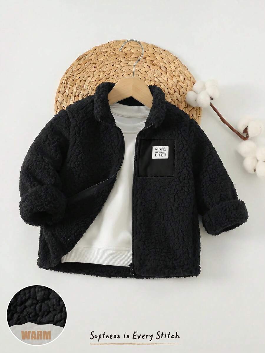 Cozy Pixies 小男孩保暖內裡加厚小立領長袖開襟夾克,對比拼接加厚立領長袖開襟夾克,百搭舒適,保暖內裡加厚拉鍊開襟夾克,毛絨小立領保暖舒適夾克,舒適百搭時尚日常可愛休閒極簡百搭風,適合室內外休閒、戶外滑雪、返校季、秋冬日常運動 - 黑色 - 查看 1