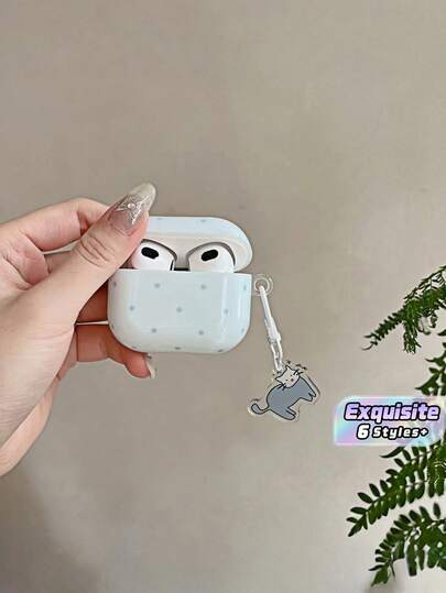 Pastel Blue Polka Dot Wireless Earbuds Case With Cute Cat Pendant, Soft Protective Cover For Gen 1/2/3/4 & Pro Series
