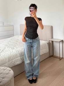 SHEIN EZwear 黑色針織網格拼接修身上衣 - 黑色 - 查看 5