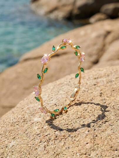 Swim Chiccia 1pc High Quality Shiny Zirconia Tennis Bracelet, Unique Floral & Leaf Design, Available In Pink, Green, Blue, White, Sapphire Blue, Multicolor, Elegant Daily/Holiday Accessory, Bridal Jewelry, Summer Vacation Essential, Exudes Graceful Femininity, Ideal Gift For Mother's Day, Valentine's Day, Christmas, Anniversary, Perfect For Loved Ones