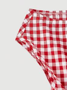 SHEIN MOD 女款格紋不對稱領縮腰休閒洋裝 - 紅白色 - 查看 6