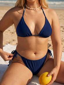 SHEIN Swim Curve 大尺碼女款夏季海灘純色掛脖綁帶性感比基尼三角褲兩件式泳衣套裝 - 藏蓝色 - 查看 7