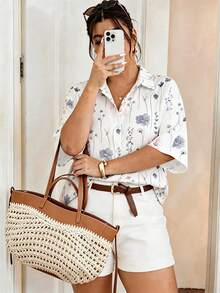 SHEIN Frenchy T-shirt mode à manches courtes à fleurs marguerite pour femmes grandes tailles, ensemble d'été polyvalent pour les trajets en grandes tailles, ensemble court, ensemble de vacances en grandes tailles pour femmes, ensemble d'été pour femmes, ensemble d'été pour silhouettes courbes - Bleu et Blanc - Voir 6
