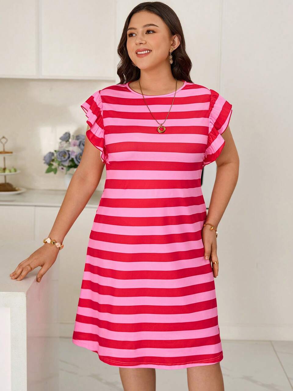 Plus Size Women's Summer Casual Vacation Country Red Pink Striped Short Flutter Sleeve Ruffle  Dress,Daily Wear,Beach,Fall,Back To School