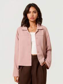 SHEIN BASICS 女款春秋休閒純色輕便夾克 教師節辦公日常穿搭 灰粉色 - 珊瑚粉 - 查看 4