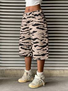 StreetHx Pantalones vaqueros de cintura baja con estampado de cebra, estilo callejero casual de moda Y2K, largo 7/8 - Caqui - Ver 6