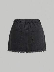 SHEIN MOD 大尺碼女款鉚釘毛邊休閒百搭日常牛仔迷你裙 - 黑色 - 查看 3