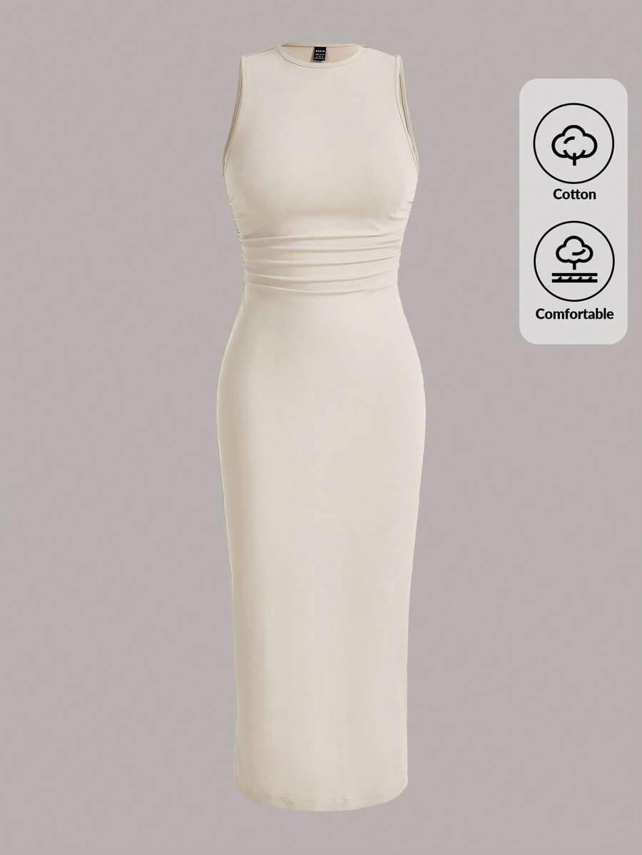 Comfortcana Women's Solid Color Pleated Casual Party & Travel Dress - Apricot - View 1