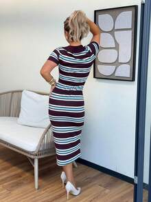 Jeta Ari Summer Casual Light Blue Striped Short Sleeve Polo Collar Fitted Dress,Retro Mid-Length Contrast Dress For Brunch,Office & Vacation Wear Elegant - Multicolor - View 2