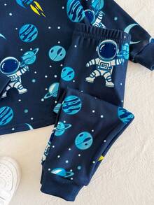 LMoss Kids Ensemble 2 pièces de vêtements de détente pour bébé garçon, t-shirt ajusté à col ras-du-cou avec motif astronaute mignon tricoté et pantalon long - Bleu azur - Voir 3