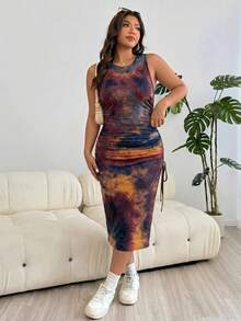 SHEIN EZwear 夏季女式大码扎染针织无袖紧身连衣裙 - 彩色 - 查看 3
