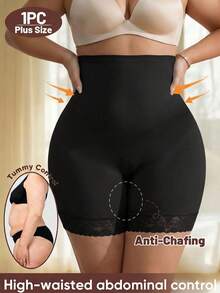SHEIN CURVE+ 女款大尺碼蕾絲拼接高腰塑形短褲 (1件) - 黑色 - 查看 1