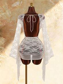 Amplova Plunging Neckline Long Sleeve Fully Sheer Sexy Elegant Ruffle Hem Bodycon Backless Mini Dress For Women Night Out Cream Autumn - Apricot - View 11
