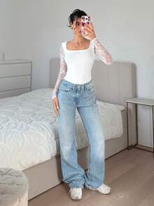 SHEIN EZwear Weißer Blumen-Spitzen-Patchwork-Strick-Rückenfrei-Bodysuit für Damen, sexy und elegant, für Nachtausgang, Brunch, Ausgehen und Date Night im Sommer - Weiss - Übersicht 4