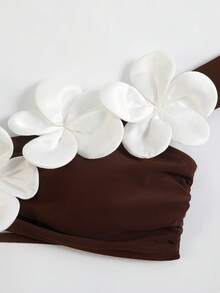 SHEIN Swim 春夏新款女款白色兩件式比基尼套裝，無肩帶性感海灘度假泳衣，適合海灘約會 - 棕色 - 查看 7