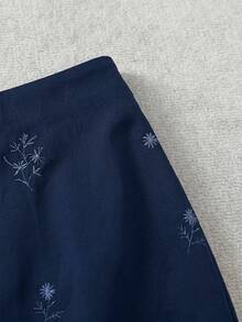 Feyla Women's Floral Embroidered Elegant Commuter Skirt - Navy Blue - View 6